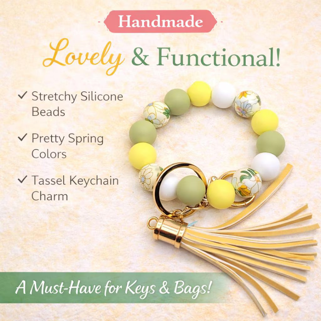 Floral Beaded Wristlet Keychain | Yellow and Sage Silicone Beads - Crimson and Lace LLC