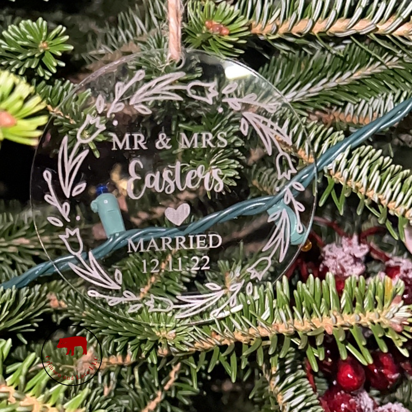 Married Acrylic Ornament - Crimson and Lace LLC