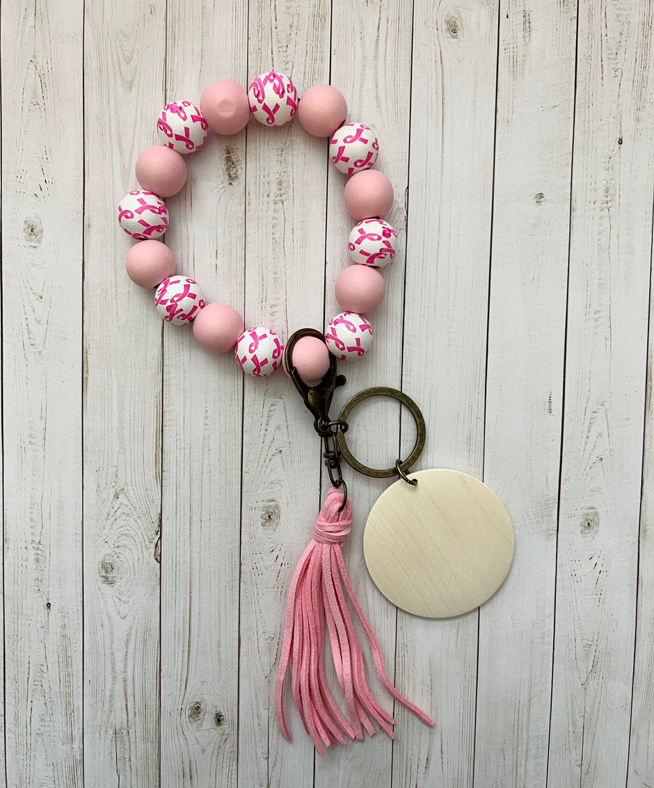 Breast Cancer Ribbon Wooden Wristlet - Crimson and Lace LLC