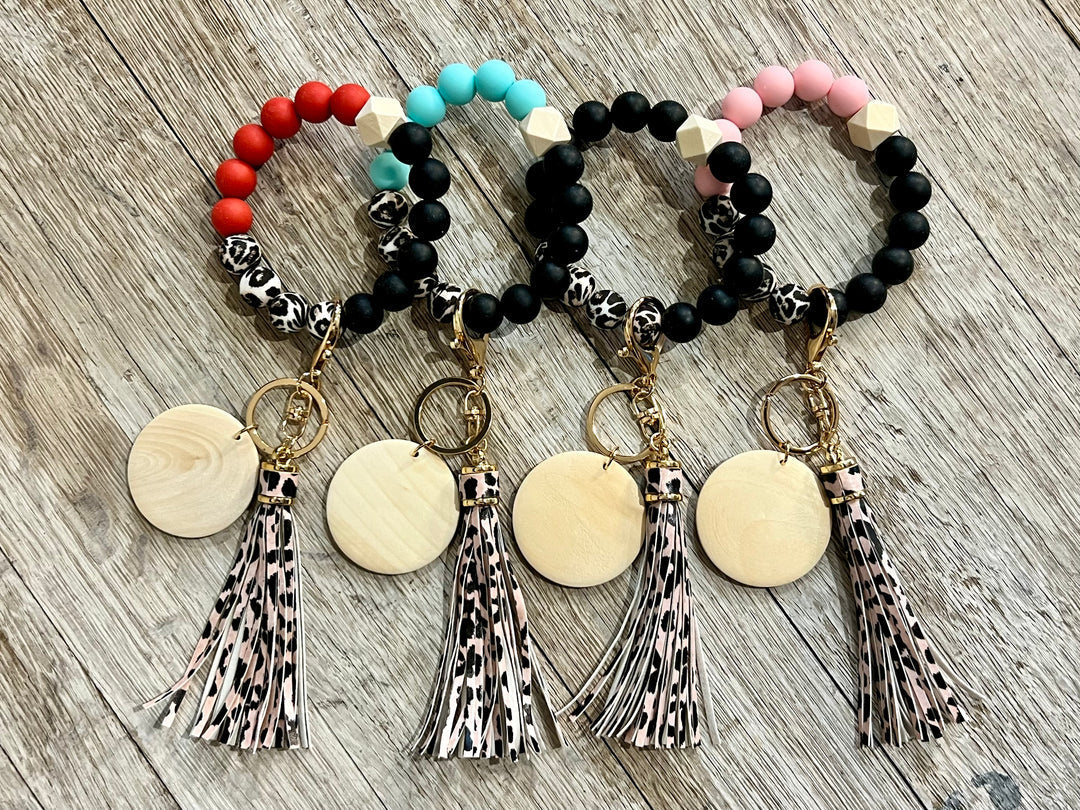 Leopard Silicone Beads Wristlet - Leopard Faux Leather Tassel - Crimson and Lace LLC