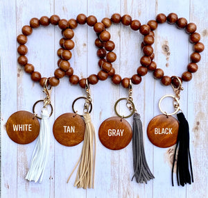 Wooden Beads Wristlet - Suede Tassel - Crimson and Lace LLC