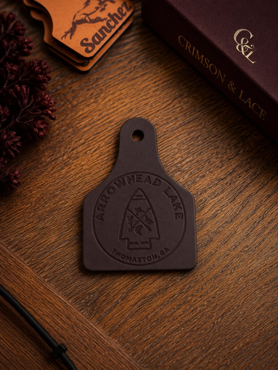 Custom branded dark brown leather tag
