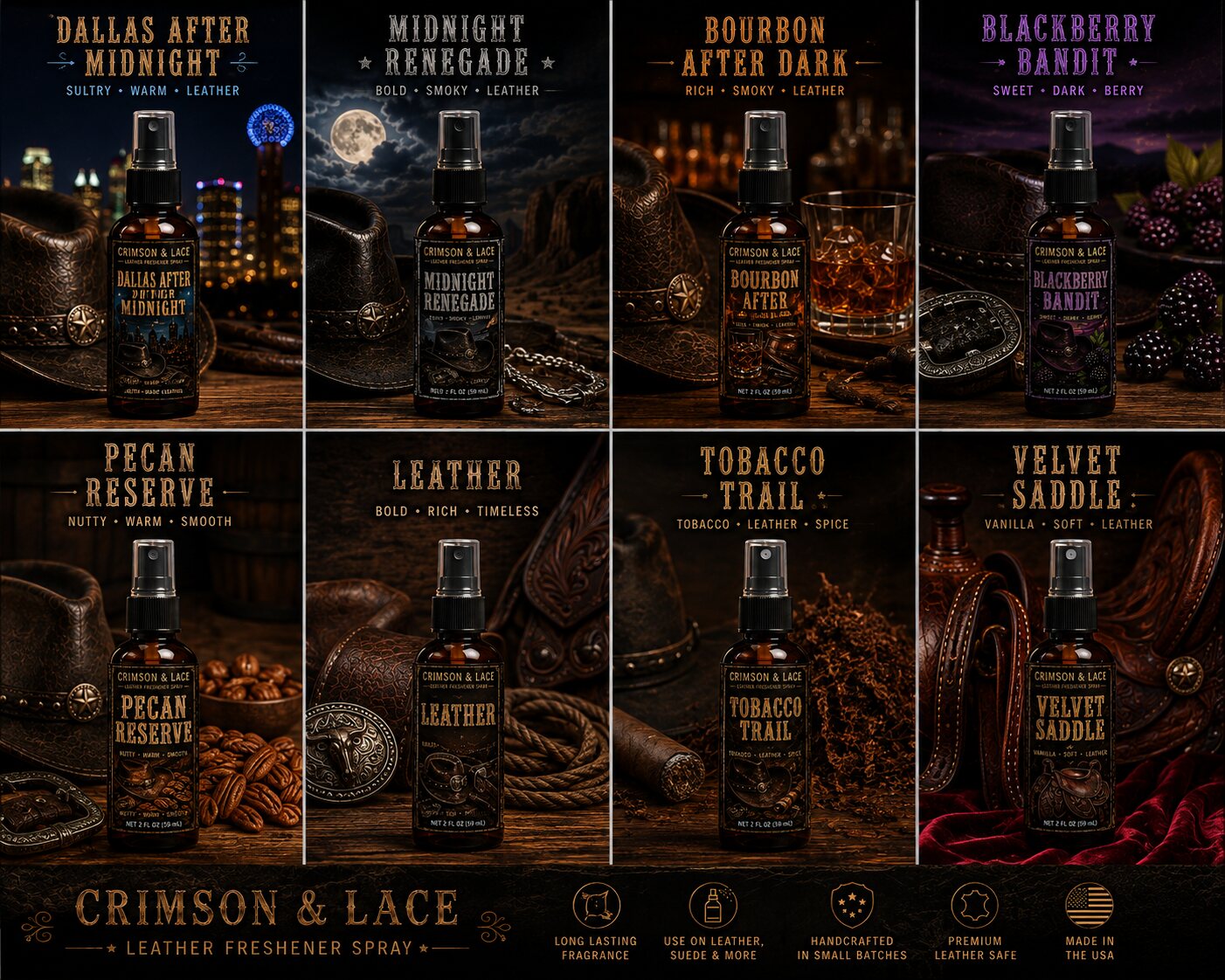 Crimson and Lace Outlaw leather freshener scents